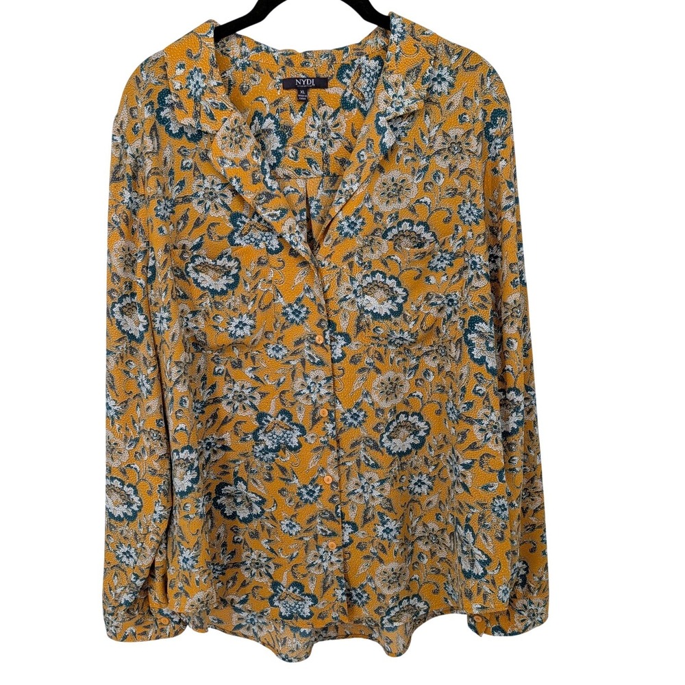 NYDJ Button Front Blouse Women XL Mustard Yellow Floral Long Sleeve Office Top